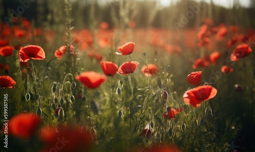  a field full of red flowers on a sunny day in the sun. generative ai