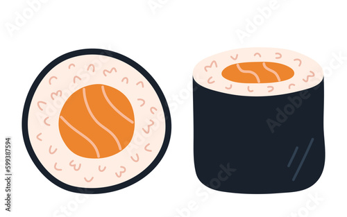 Sake maki. Japanese roll with salmon, rice and seaweed nori. Top and side view. Hand-drawn colored flat vector illustration isolated on white background.