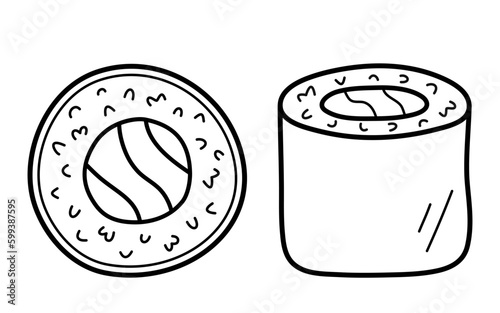 Sake maki. Japanese roll with salmon, rice and seaweed nori. Top and side view. Doodle sketch style. Vector illustration isolated on white background.