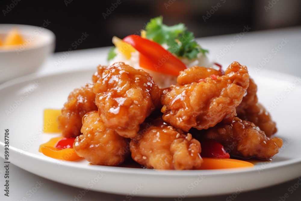 Sweet and sour chicken Sticky sweet and sour sau on a white plate, ai generation Sweet and sour chicken Sticky sweet and sour sau on a white plate, ai generation