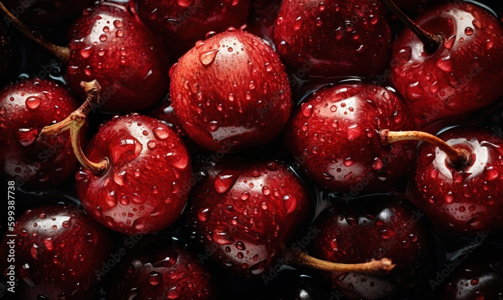 a bunch of cherries with water droplets on them are shown. generative ai a bunch of cherries with water droplets on them are shown. generative ai