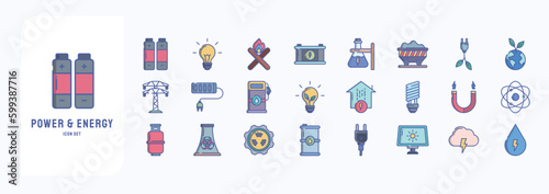 A collection sheet of linear color icons for Power and Energy, including icons like Battery, Bulb, electric power, Ecology and more