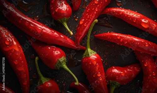  a group of red peppers sitting on top of a table. generative ai