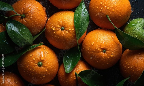  a group of oranges with leaves and water droplets on them. generative ai
