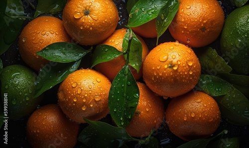  a pile of oranges with green leaves and water drops. generative ai