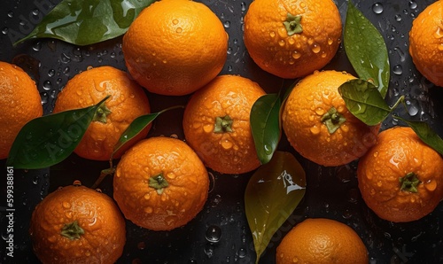  a group of oranges with leaves and water droplets on them. generative ai