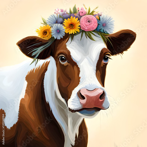 Oil painting of cow and flowers. Generative AI