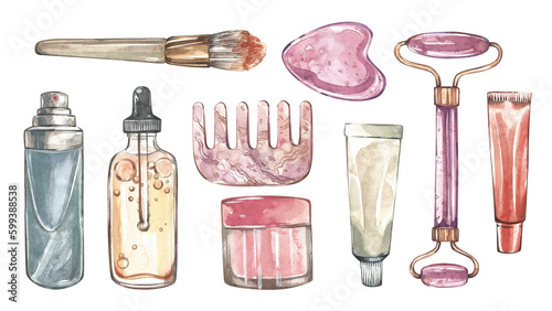 Set cosmetic oil, cream, stone massager gua sha isolated on white. Watercolor hand drawing illustration. Art for design