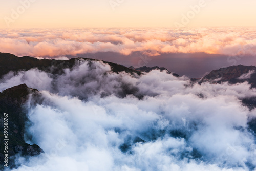 Mountains landscape with fod and clouds in Madeira, Portugal