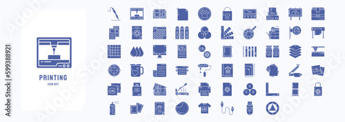 A collection sheet of solid icons for Printing and binding, including icons like Art board, 3d Printer, Badges, Banner and more