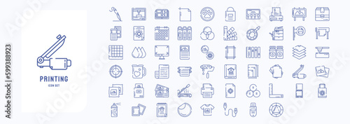 A collection sheet of outline icons for Printing and binding, including icons like Art board, 3d Printer, Badges, Banner and more