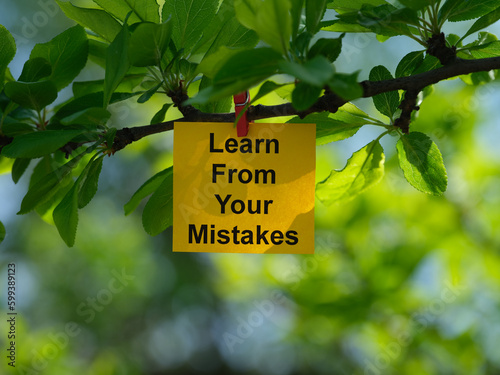 A yellow paper note with the phrase Learn From Your Mistakes on it attached to a tree branch with a clothes pin