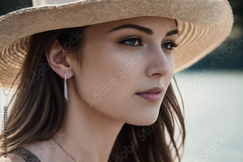 Portrait of the smiling happy young woman dressed in a light-pink light dress, fluttering in the wind and a straw hat at early morning. Generative AI © mikhailberkut