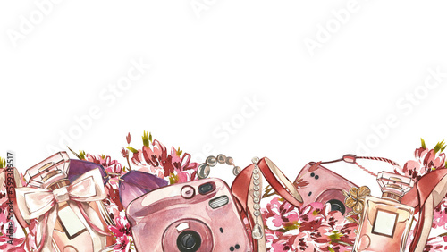 Fotografi Seamless border heeled shoe, perfume bottle, instant camera, flowers isolated on white
