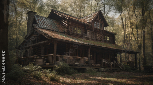 In the middle of the woods a cozy cabin with a rusti Generative AI  photo