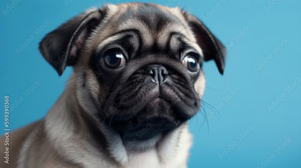 Adorable pug dog posing on blue background for mockup. Generative AI