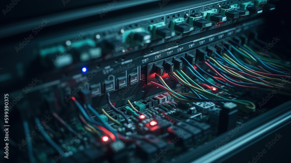 network equipment panel with cables and wires on it. Generative Ai network equipment panel with cables and wires on it. Generative Ai