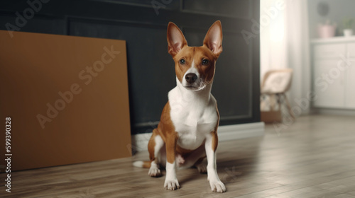 Adorable brown and white basenji dog holding a large blank white sign in a studio with white walls Generative AI