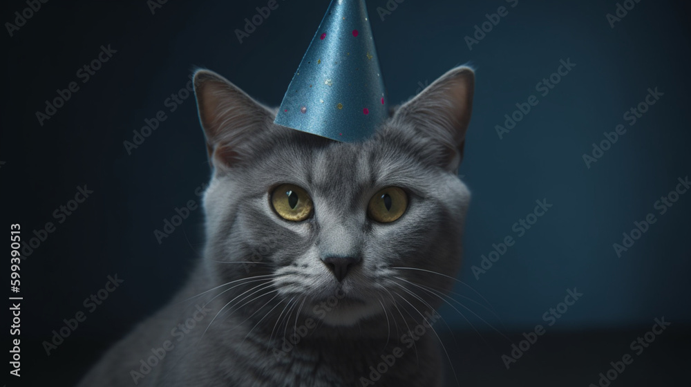 Birthday purrs, cat with hat on blue Generative AI