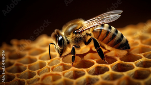 Busy bee on golden honeycomb with copy space Generative AI © Jawed Gfx