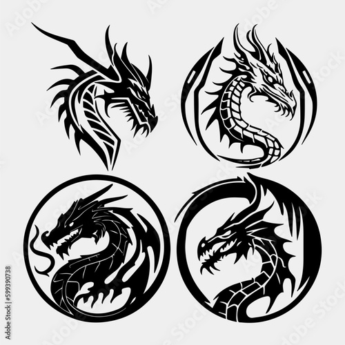 vector illustration, set of round tribal dragon tattoo designs, black and white graphics