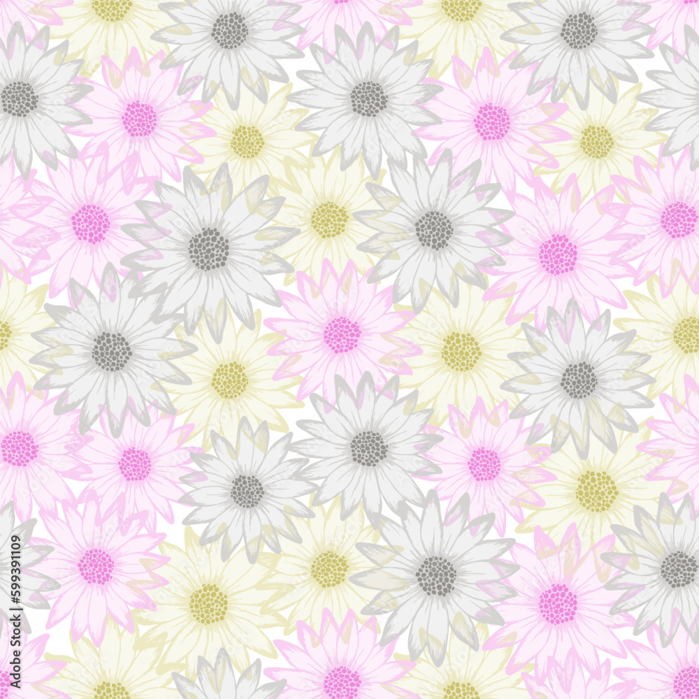 Chrysanthemum naive summer seamless pattern. Rudbeckia daisy bloom with Chrysanthemum naive summer seamless pattern. Rudbeckia daisy bloom with