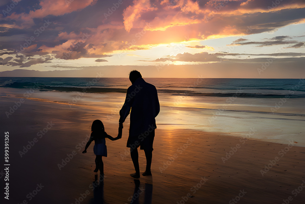 Father And Daughter Walking On The Beach At Sunset Father's Day Generated Ai