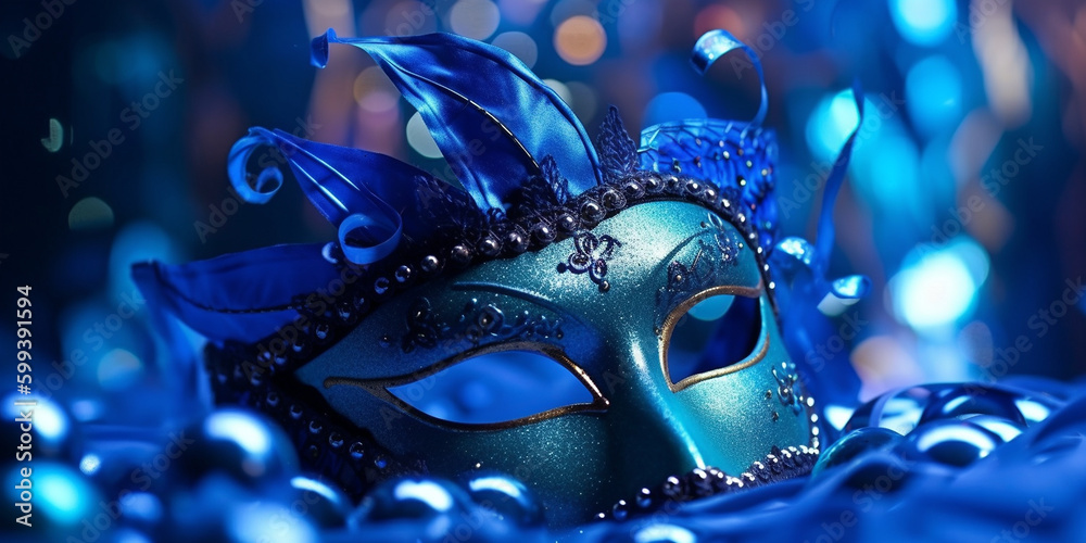 Schöne Gesichts Maske für Fasching und Karneval in Venedig oder Rio in Blau, ai generativ