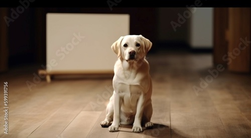 Cute dog holding blank sign on beautiful wood floor in studio. Generative AI
