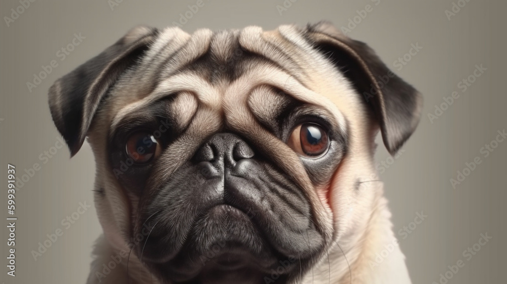 Cute pug dog looking down from above on banner mockup. Generative AI