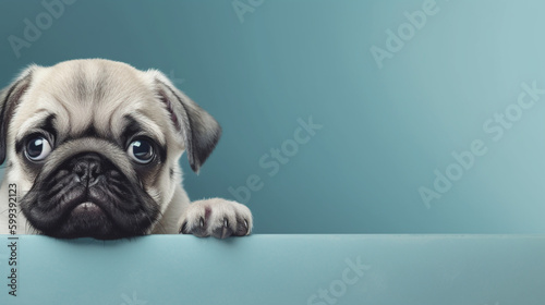Cute puppy dog pug above banner look down with copy scape for label on blue background Generative AI