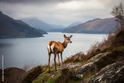 Deer Overlooking Misty Lake in Highland Landscape