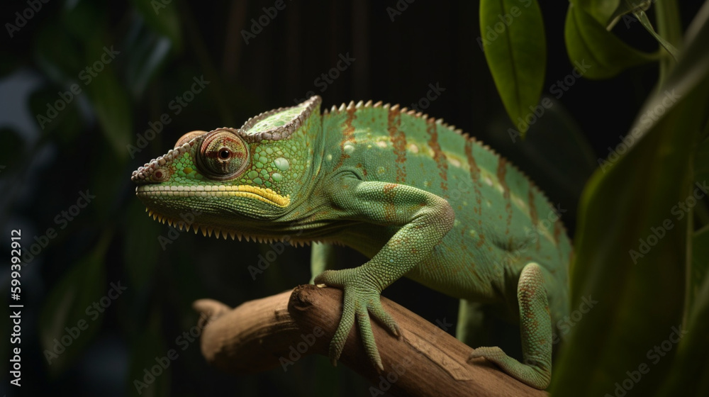 Obraz premium Green chameleon on bamboo Generative AI
