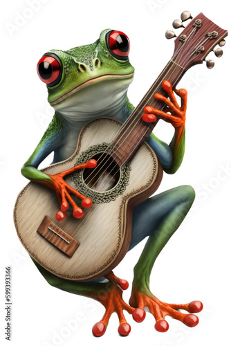 an isolated Frog  playing guitar whimsical feel  music festival orientated in Music-themed  photorealistic illustrations on a transparent background cutout in PNG. Generative AI