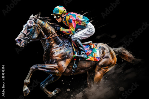 Colorful Abstract racing horse with jockey. Equestrian sport. Illustration of paints. Generative AI. photo