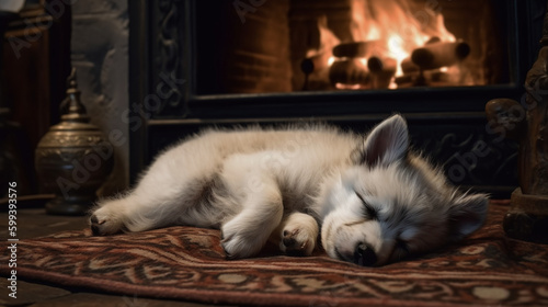 Puppy sleeping by the fireplace Generative AI