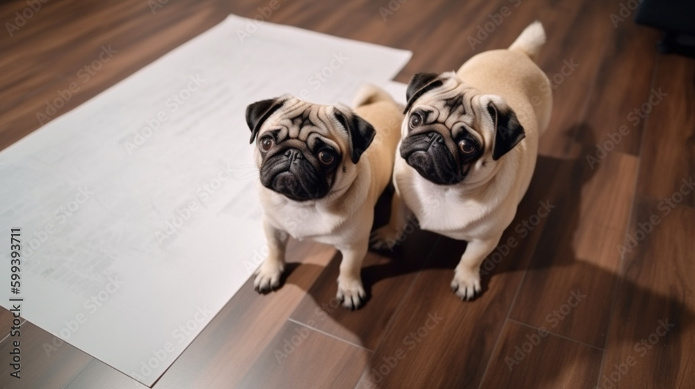 Two pugs with empty paper board on wooden floor. Adorable pet mockup. Generative AI