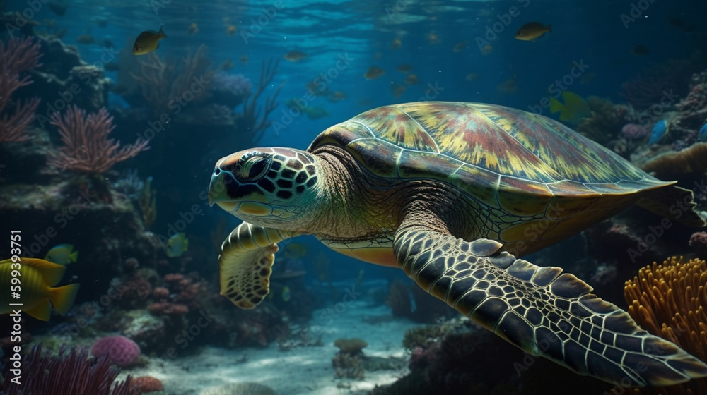 Fototapeta premium Underwater wonderland of vibrant fish and turtle Generative AI