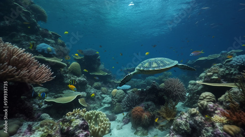underwater coral reef with colorful fish and turtle marine life Generative AI