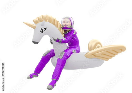 astronaut girl is floating or riding a unicorn float