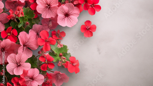 Banner background with geranium and decor. High angle beautiful geranium flowers arrangement with empty space to write. Absolutely symmetrical. 3D illustration. Generative AI