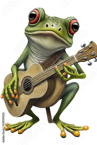 an isolated Frog, playing guitar whimsical feel, music festival orientated in Music-themed, photorealistic illustrations on a transparent background cutout in PNG. Generative AI © Purple Penguin GFX