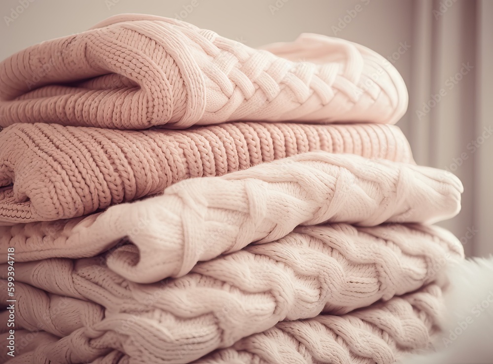Stack of clean freshly laundered, neatly folded women's clothes on wooden table. Pile of shirts, dresses and sweaters on the table, white wall background created with Generative AI technology