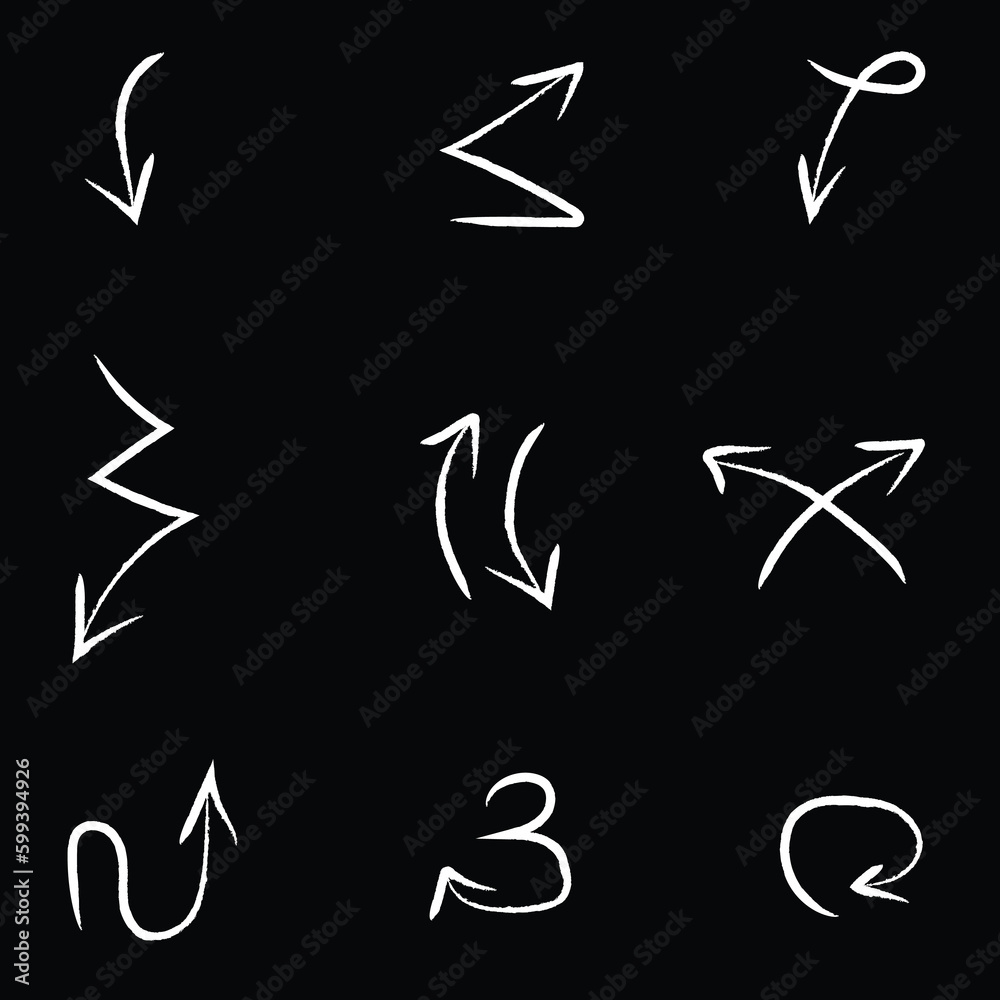White arrows set hand drawn vector on black background White arrows set hand drawn vector on black background
