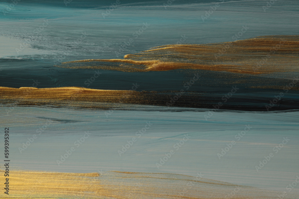 Texture oil and Acrylic smear blot painting landscape. Abstract gold and blue color stain brushstroke canvas background.