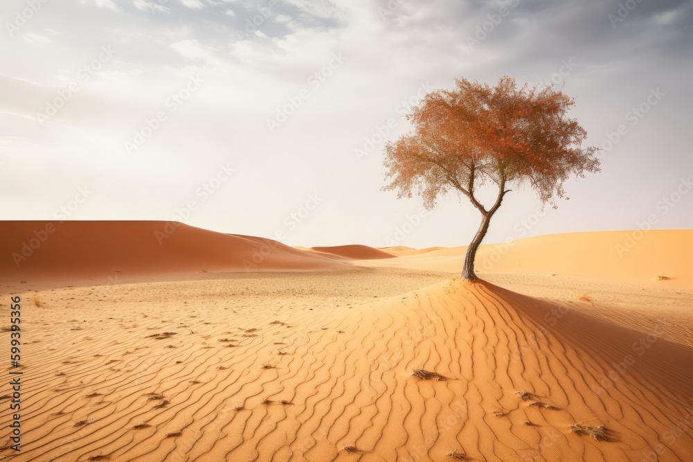 Solitary Acer Palmatum Tree in the Sahara Desert, Generative AI