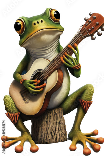 an isolated Frog  playing guitar whimsical feel  music festival orientated in Music-themed  photorealistic illustrations on a transparent background cutout in PNG. Generative AI