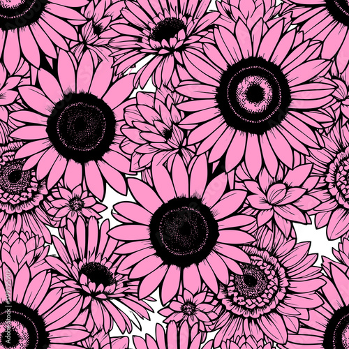 seamless pattern of pink daisies with a black outline on a white background  texture  design