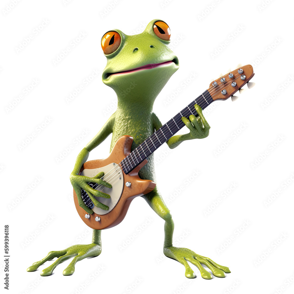 an isolated Frog, playing guitar whimsical feel, music festival
