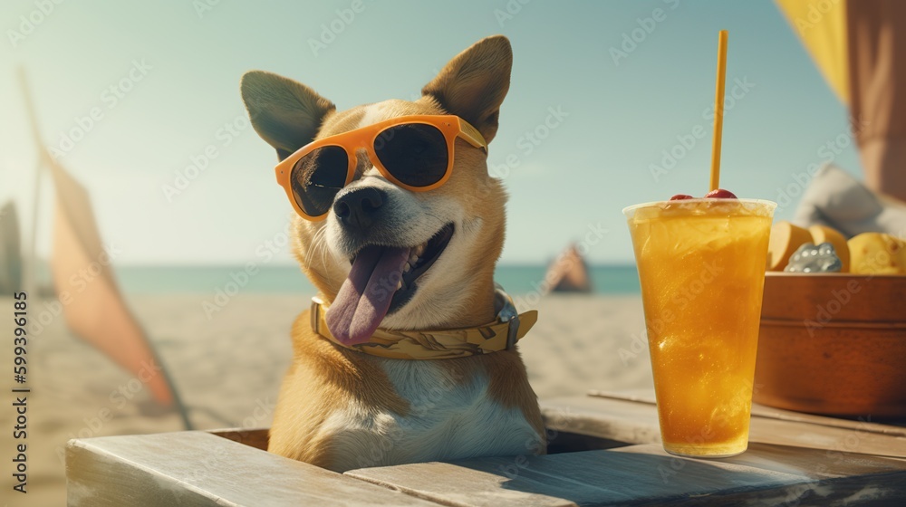 Happy smiles dog with sunglasses and drinks in beach background ...